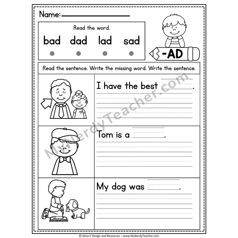 CVC Fluency Missing Words — -AD Word Family Write the Sentence