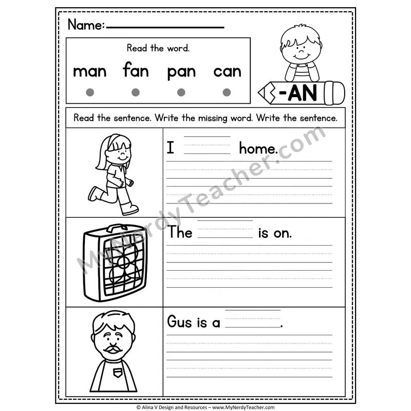 CVC Fluency Missing Words — -AN Word Family Write the Sentence
