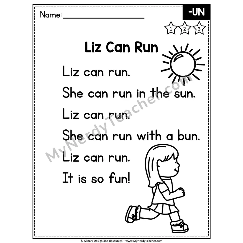 CVC Word Family Poem — -UN Decodable Reader for Fluency