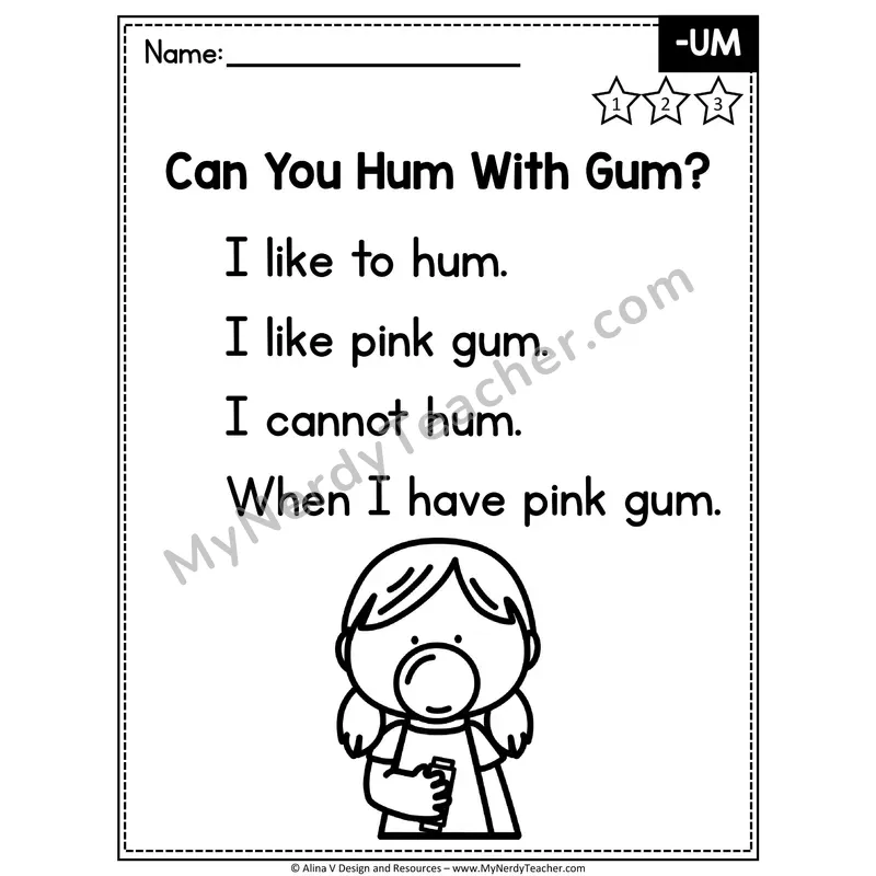 CVC Word Family Poem — -UM Decodable Reader for Fluency