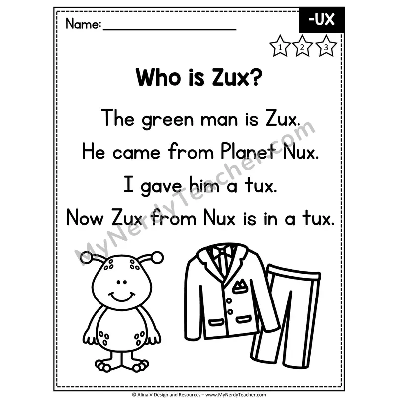CVC Word Family Poem — -UX Decodable Reader for Fluency