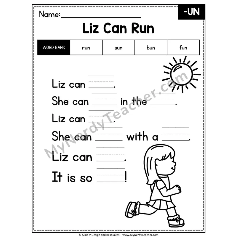 CVC Word Family Poem with Word Bank — -UN Fill in the Blank Activity