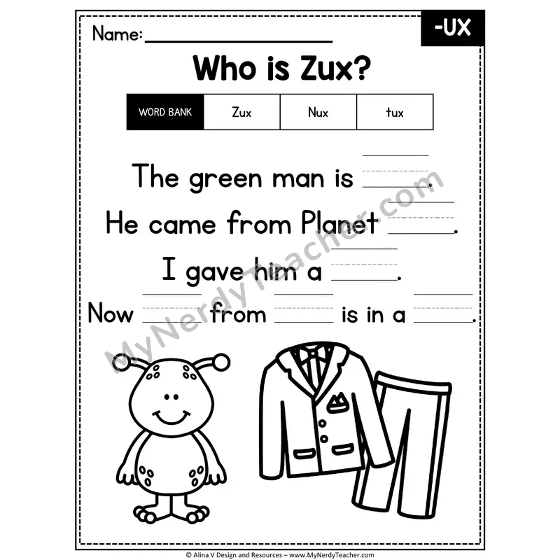 CVC Word Family Poem with Word Bank — -UX Fill in the Blank Activity