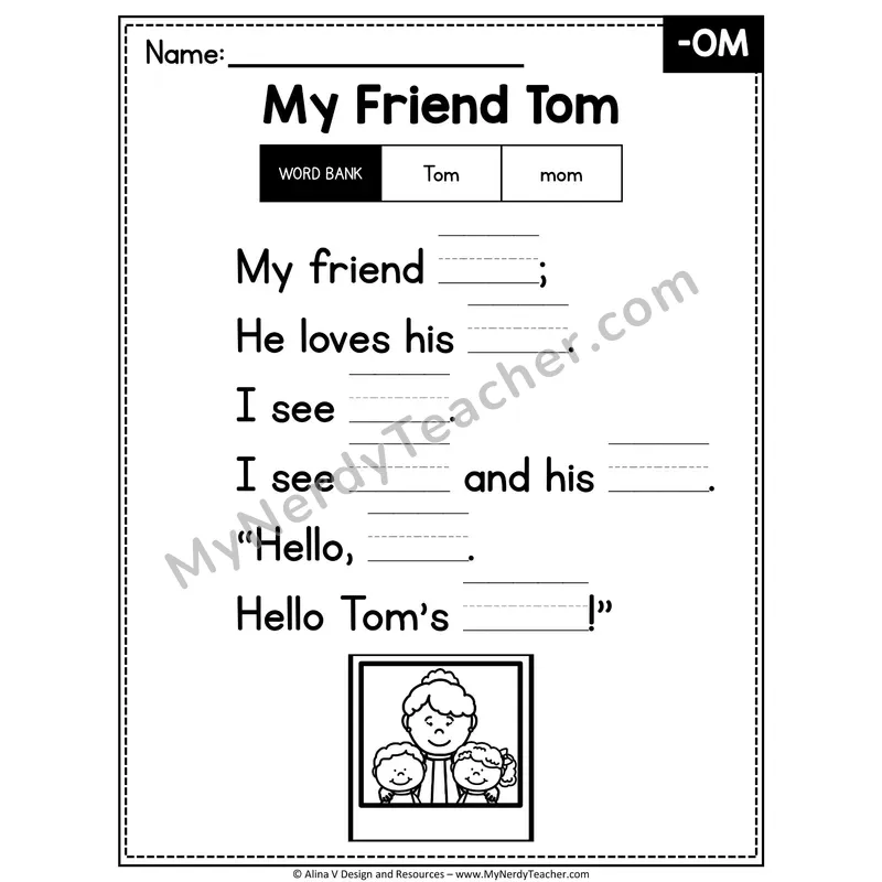 CVC Word Family Poem with Word Bank — -OM Fill in the Blank Activity