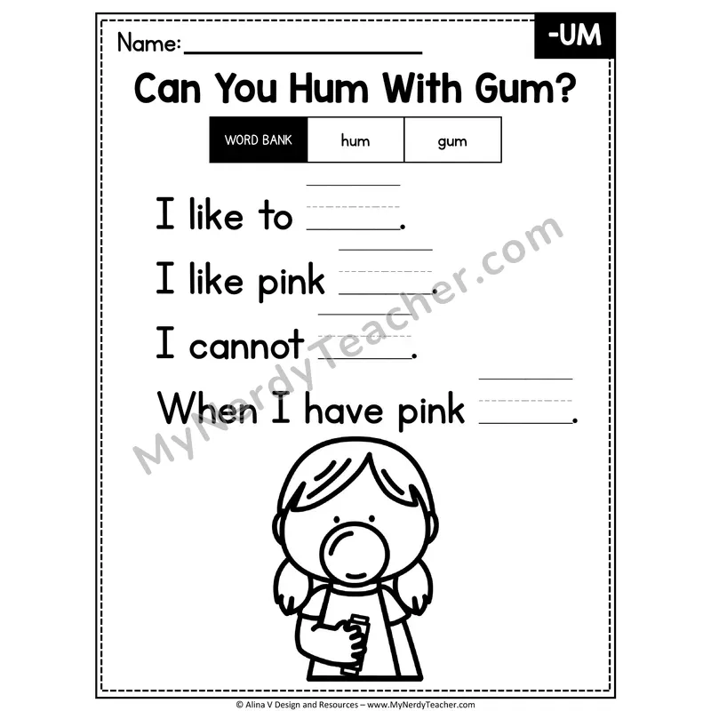 CVC Word Family Poem with Word Bank — -UM Fill in the Blank Activity