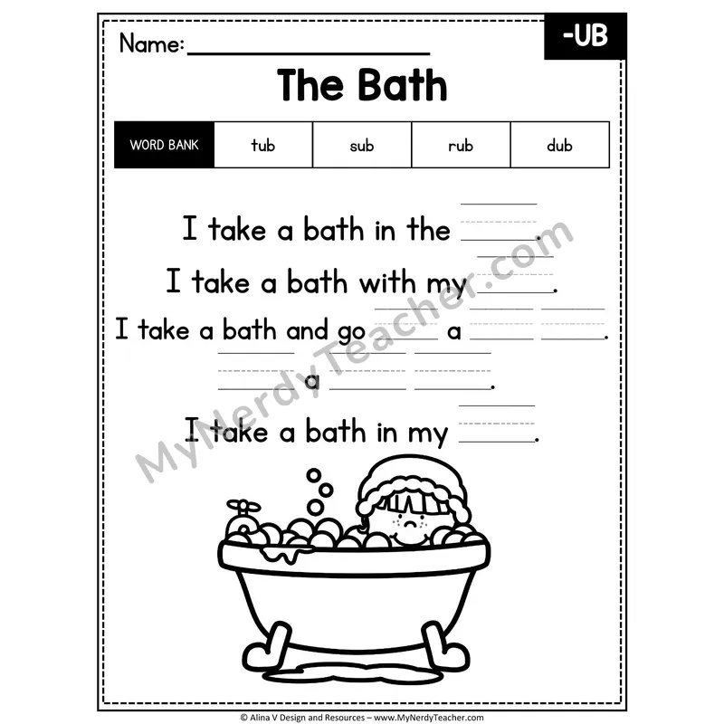 CVC Word Family Poem with Word Bank — -UB Fill in the Blank Activity