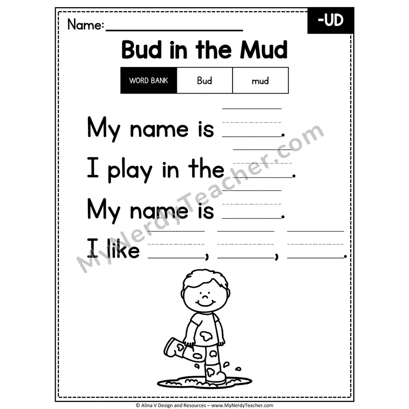 CVC Word Family Poem with Word Bank — -UD Fill in the Blank Activity