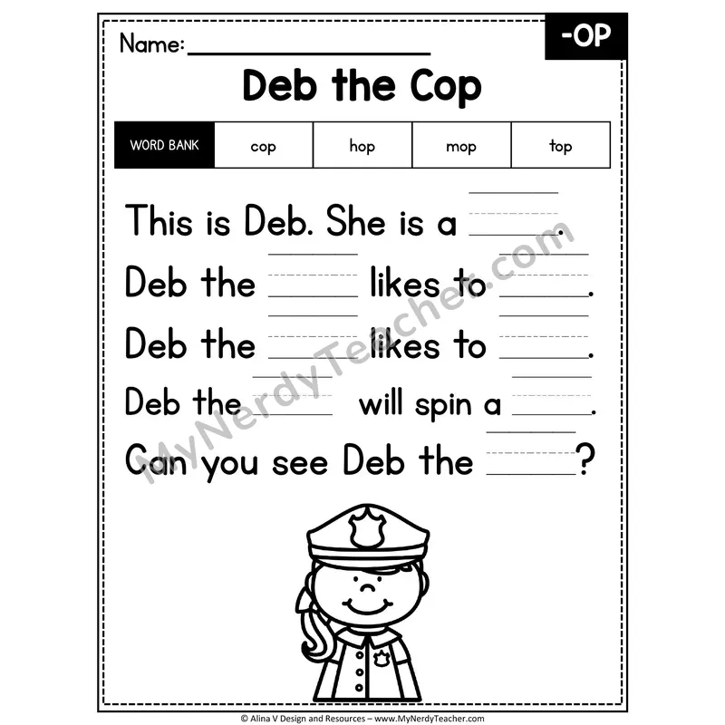 CVC Word Family Poem with Word Bank — -OP Fill in the Blank Activity
