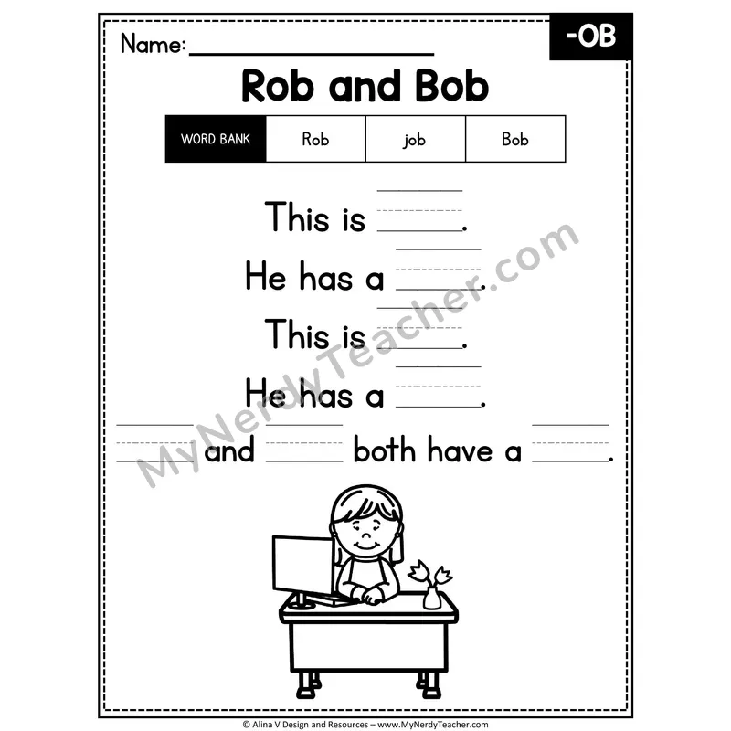CVC Word Family Poem with Word Bank — -OB Fill in the Blank Activity