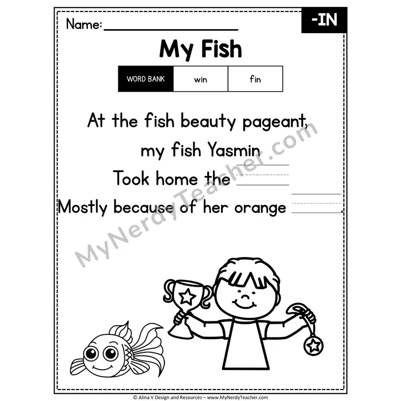 CVC Word Family Poem with Word Bank — -IN Fill in the Blank Activity