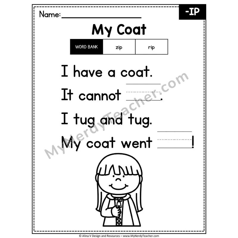 CVC Word Family Poem with Word Bank — -IP Fill in the Blank Activity