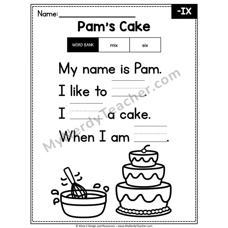 CVC Word Family Poem with Word Bank — -IX Fill in the Blank Activity