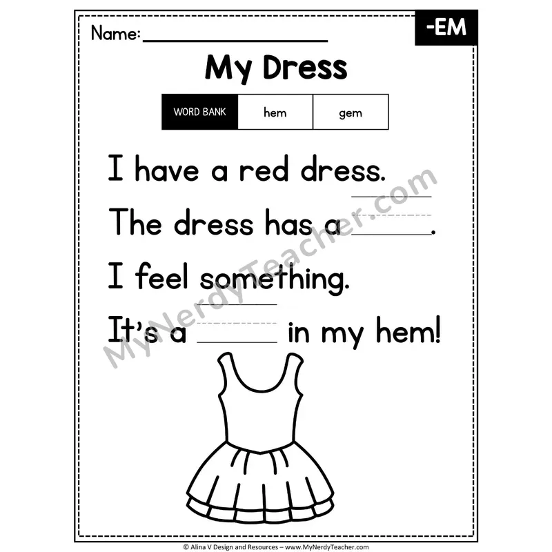 CVC Word Family Poem with Word Bank — -EM Fill in the Blank Activity