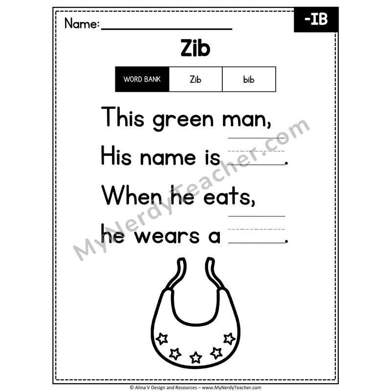 CVC Word Family Poem with Word Bank — -IB Fill in the Blank Activity