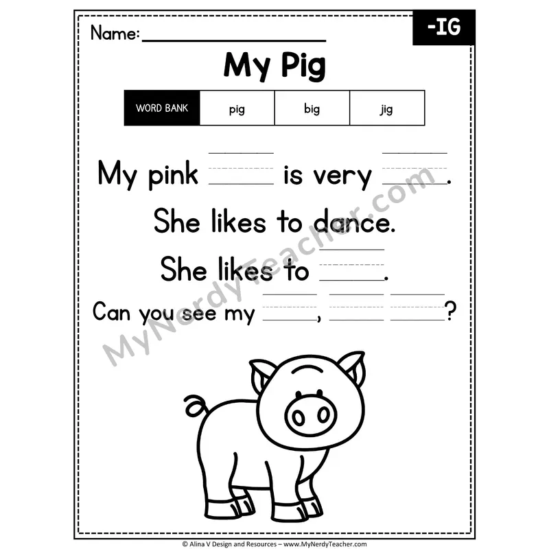 CVC Word Family Poem with Word Bank — -IG Fill in the Blank Activity