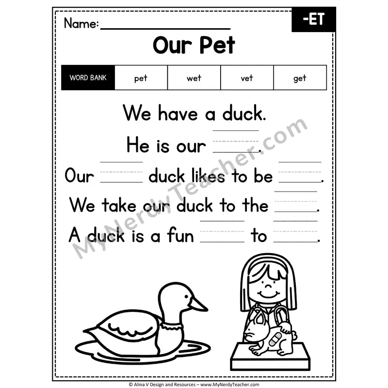 CVC Word Family Poem with Word Bank — -ET Fill in the Blank Activity