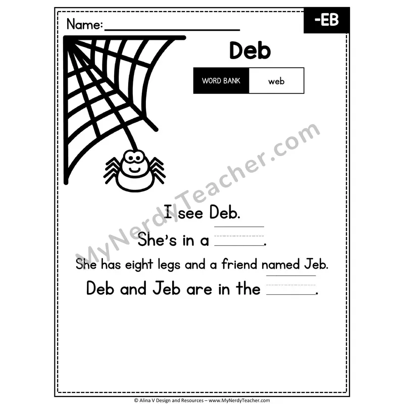 CVC Word Family Poem with Word Bank — -EB Fill in the Blank Activity