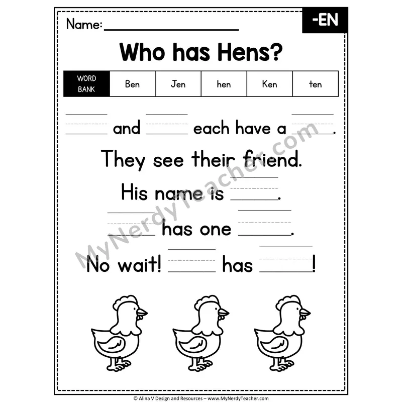 CVC Word Family Poem with Word Bank — -EN Fill in the Blank Activity
