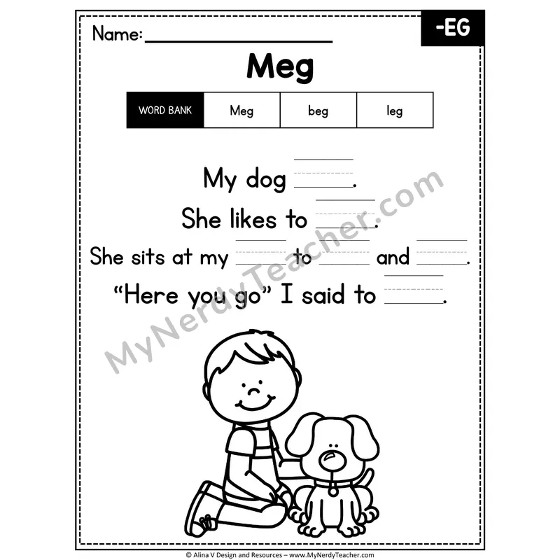 CVC Word Family Poem with Word Bank — -EG Fill in the Blank Activity