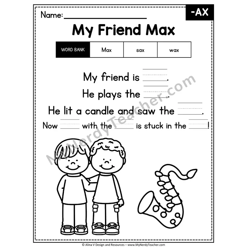 CVC Word Family Poem with Word Bank — -AX Fill in the Blank Activity