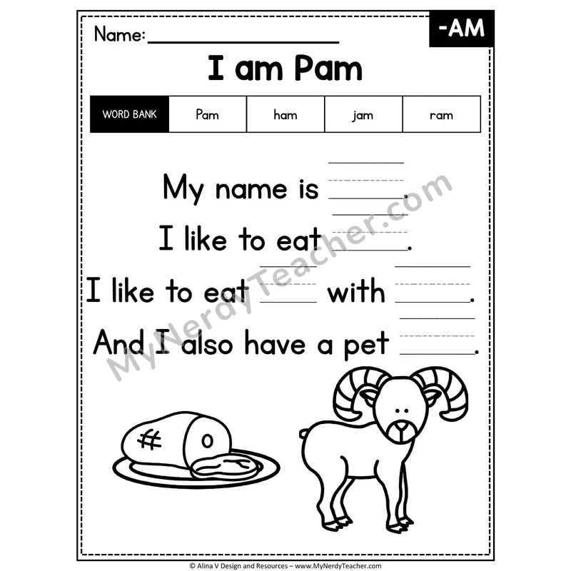 CVC Word Family Poem with Word Bank — -AM Fill in the Blank Activity