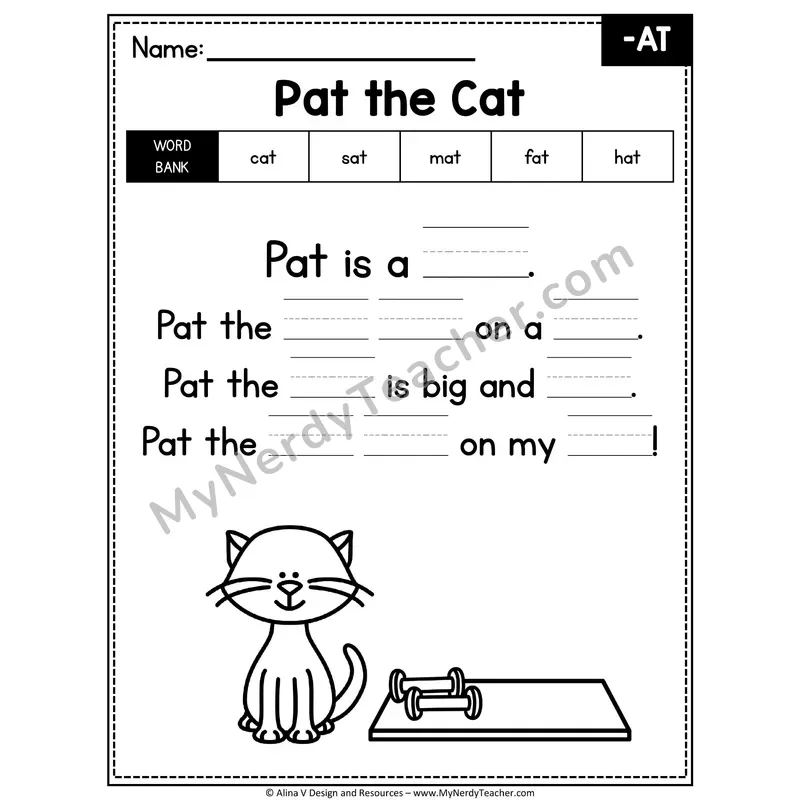 CVC Word Family Poem with Word Bank — -AT Fill in the Blank Activity
