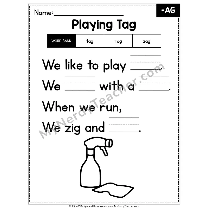 CVC Word Family Poem with Word Bank — -AG Fill in the Blank Activity