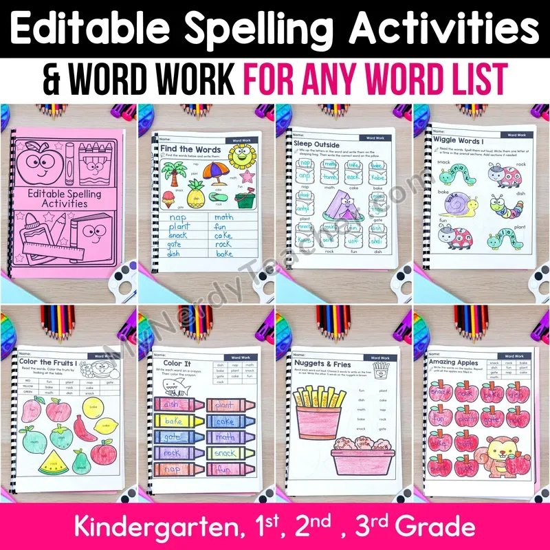 Editable Word Work & Spelling Bundle — 10 Word List, 99 Activities
