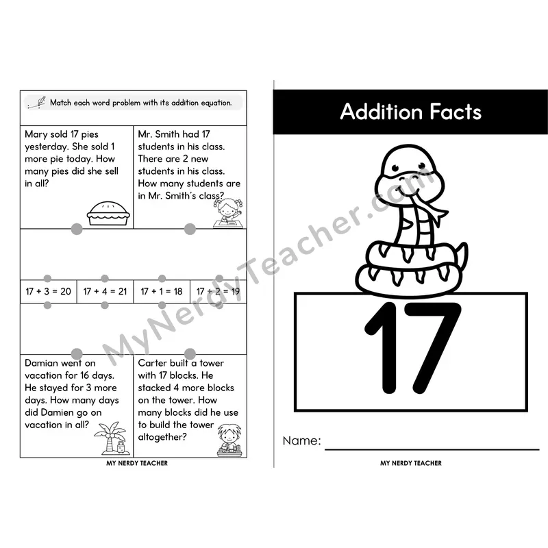 Adding 17 Foldable Mini Book — Two-Digit Plus One Digit Facts