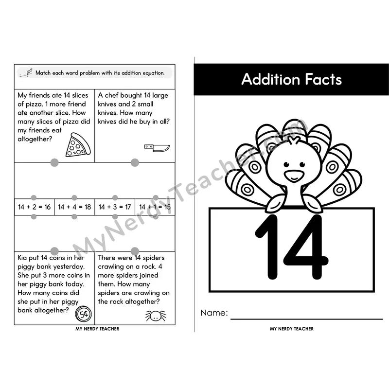 Adding 14 Foldable Mini Book — Two-Digit Plus One Digit Facts