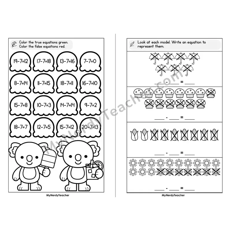 Subtraction Facts Minus 7 Mini Book — Fact Family Practice