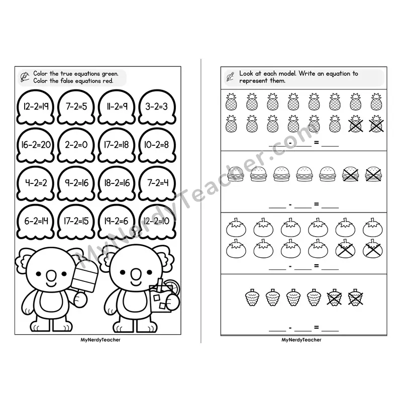 Subtraction Facts Minus 2 Mini Book — Count Back Fact Practice