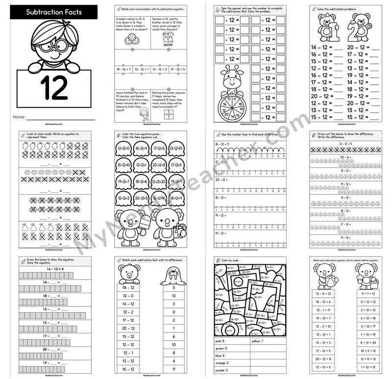 Subtraction Facts Minus 12 Booklet — Teen Number Facts