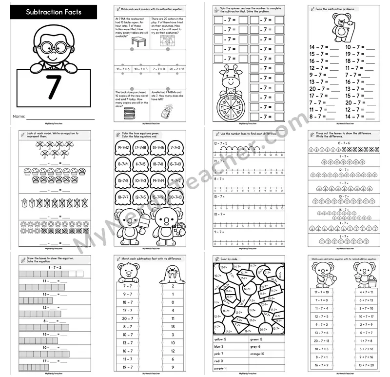 Subtraction Facts Minus 7 Booklet — Fact Family Practice