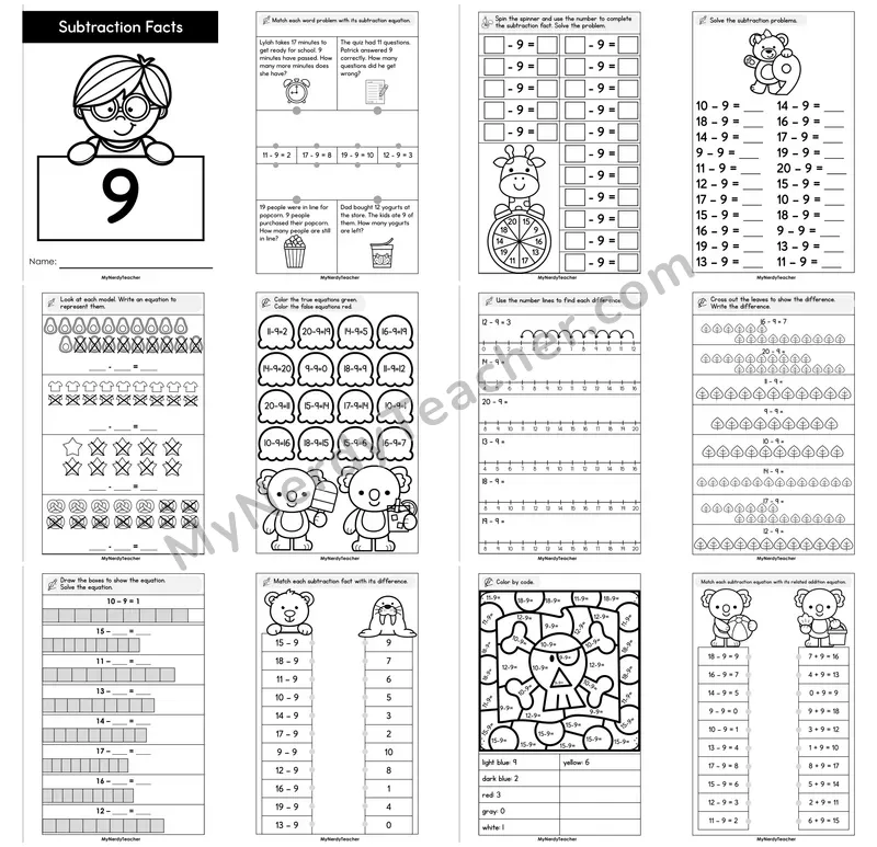 Subtraction Facts Minus 9 Booklet — Fact Family Practice