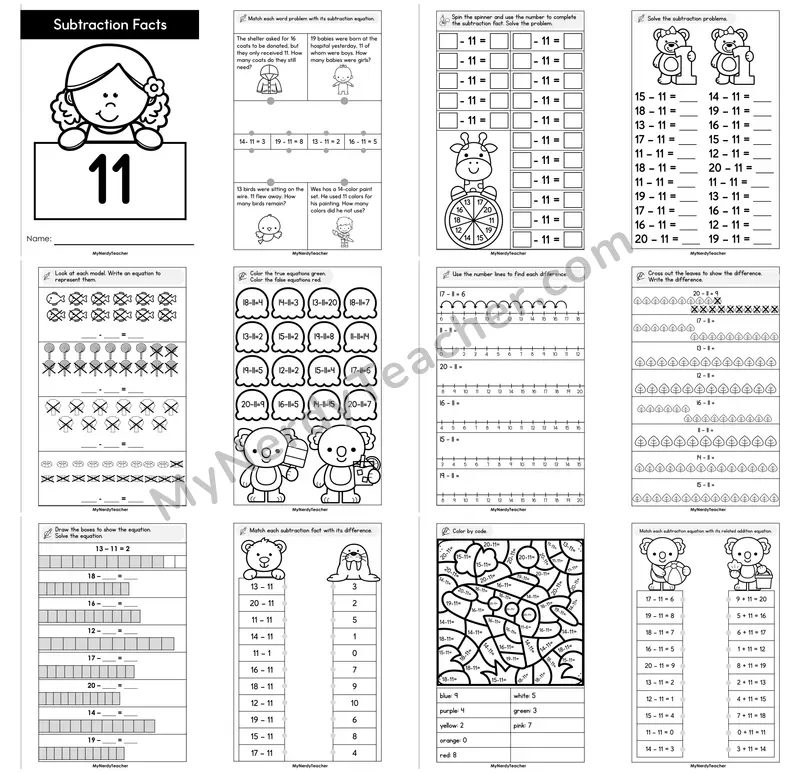 Subtraction Facts Minus 11 Booklet — Teen Number Facts