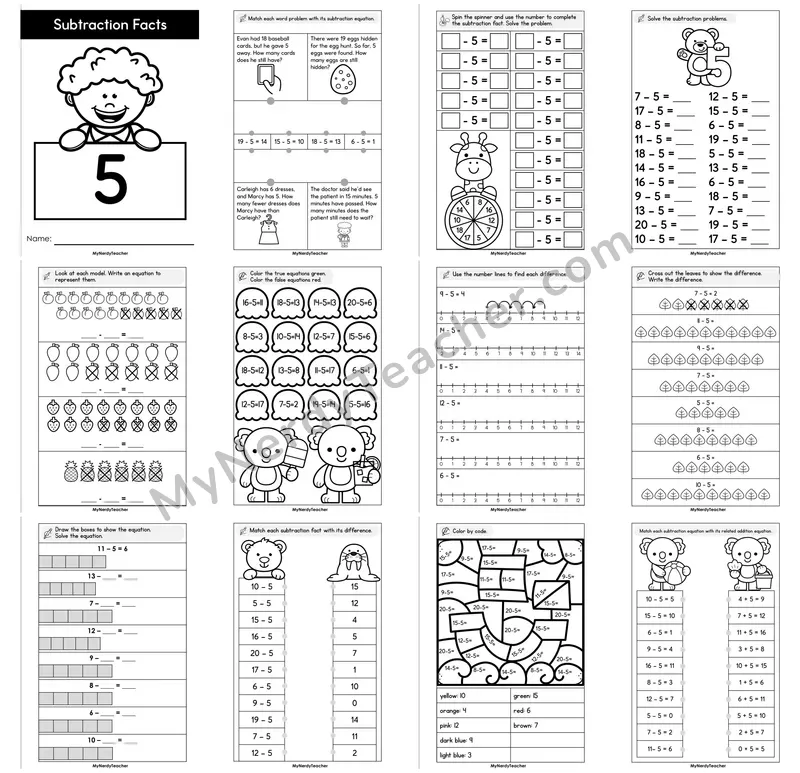 Subtraction Facts Minus 5 Booklet — Fact Family Practice