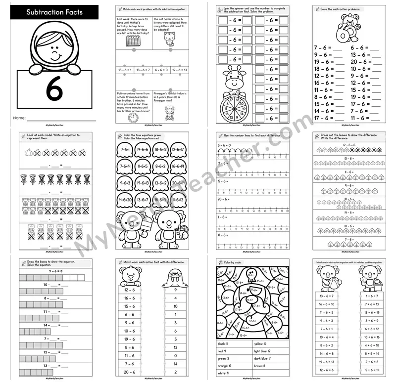 Subtraction Facts Minus 6 Booklet — Fact Family Practice