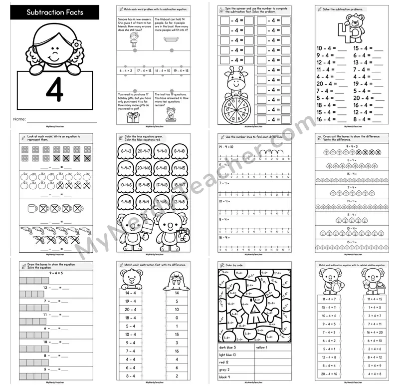 Subtraction Facts Minus 4 Booklet — Fact Family Practice