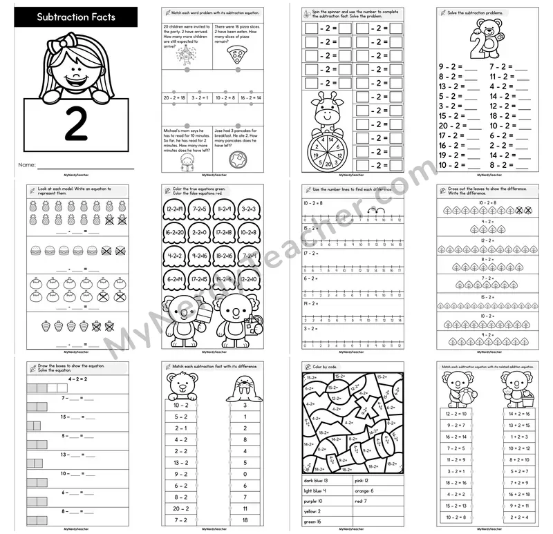 Subtraction Facts Minus 2 Booklet — Count Back Fact Practice
