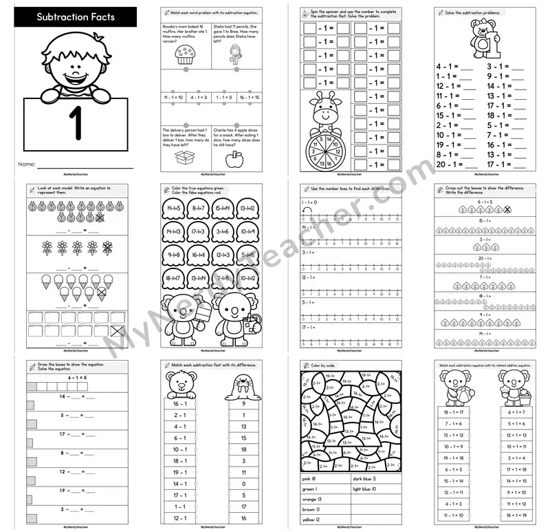 Subtraction Facts Minus 1 Booklet — Count Back Fact Practice