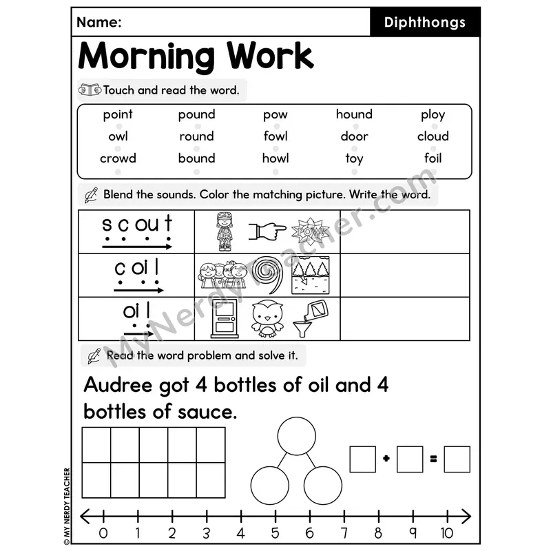 Morning Work Diphthongs - Decodable Words, Sentences and Word Problems to 10