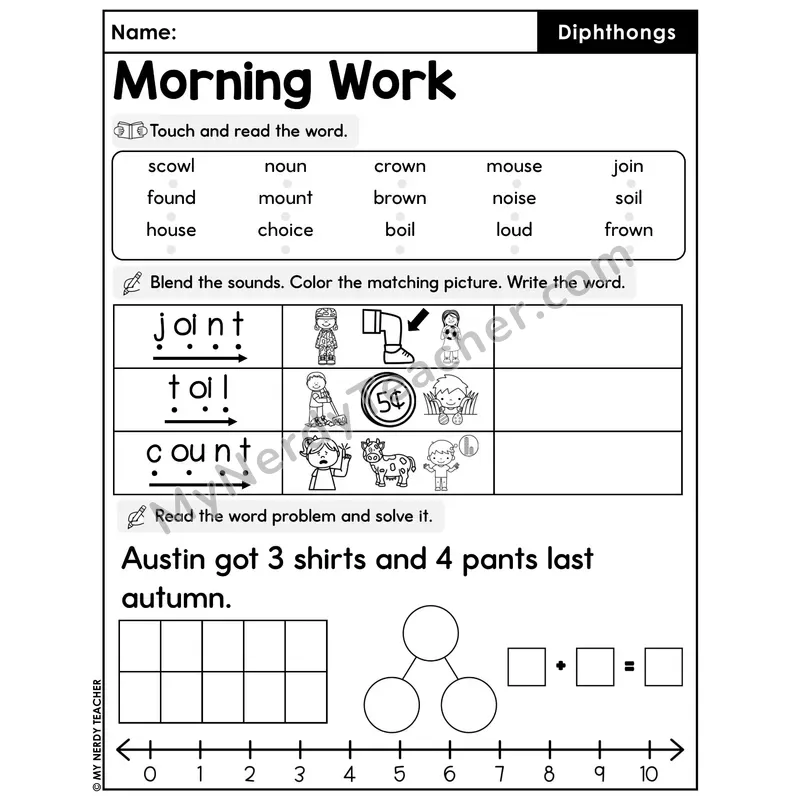 Morning Work Diphthongs - Decodable Words, Sentences and Word Problems to 10
