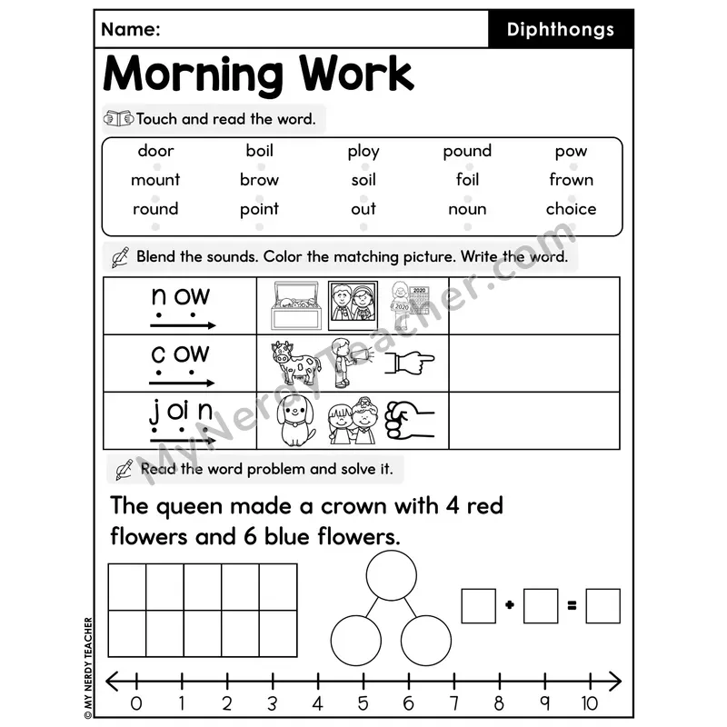 Morning Work Diphthongs - Decodable Words, Sentences and Word Problems to 10
