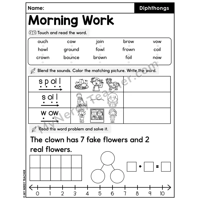 Morning Work Diphthongs - Decodable Words, Sentences and Word Problems to 10