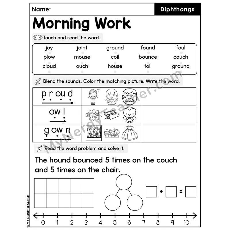 Morning Work Diphthongs - Decodable Words, Sentences and Word Problems to 10
