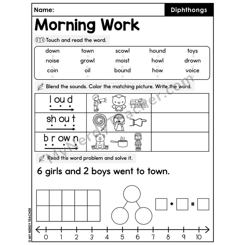 Morning Work Diphthongs - Decodable Words, Sentences and Word Problems to 10
