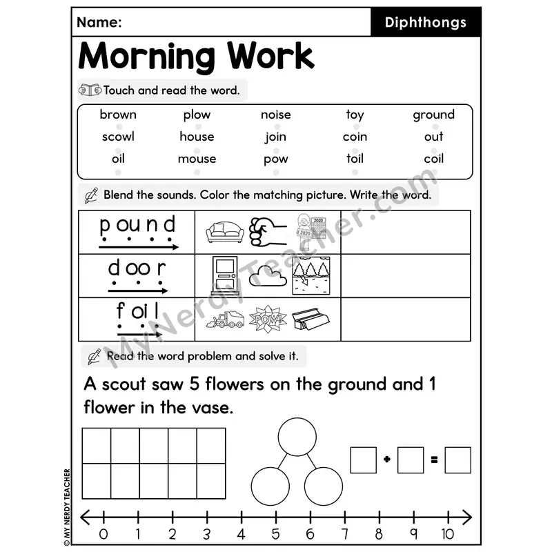 Morning Work Diphthongs - Decodable Words, Sentences and Word Problems to 10