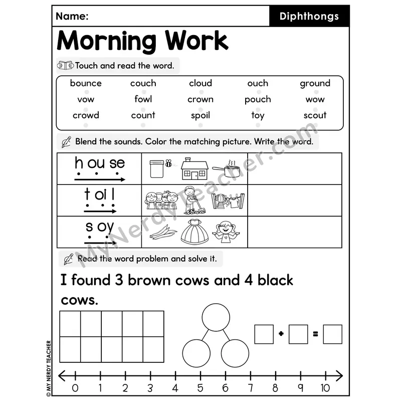 Morning Work Diphthongs - Decodable Words, Sentences and Word Problems to 10