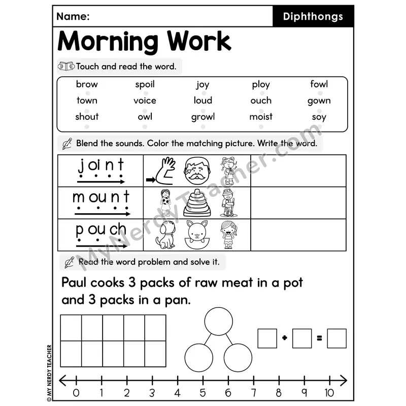 Morning Work Diphthongs - Decodable Words, Sentences and Word Problems to 10